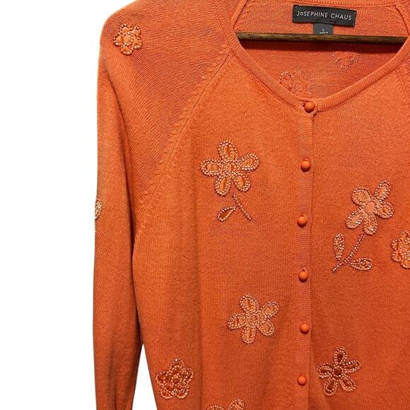 Y2K VTG Josephine Chaus Women Beaded Flower Cardigan L Peach Cottagecore Boho - Picture 7 of 10